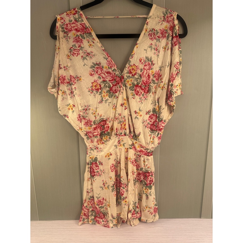 Pins and Needles Floral Romper Womens Small Cream Pink Rose V-Neck Dolman Sleeve